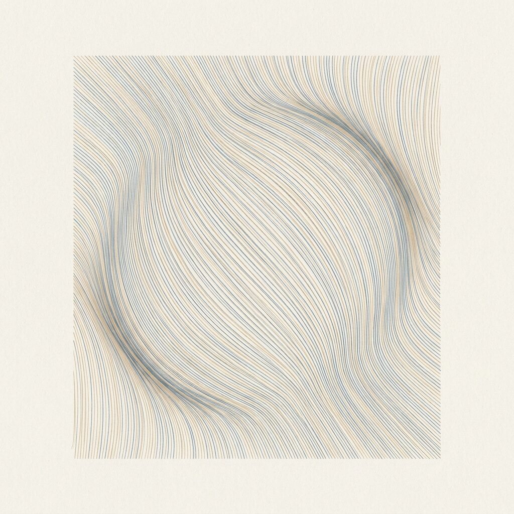 Generative line drawing in blue and sand tones on paper