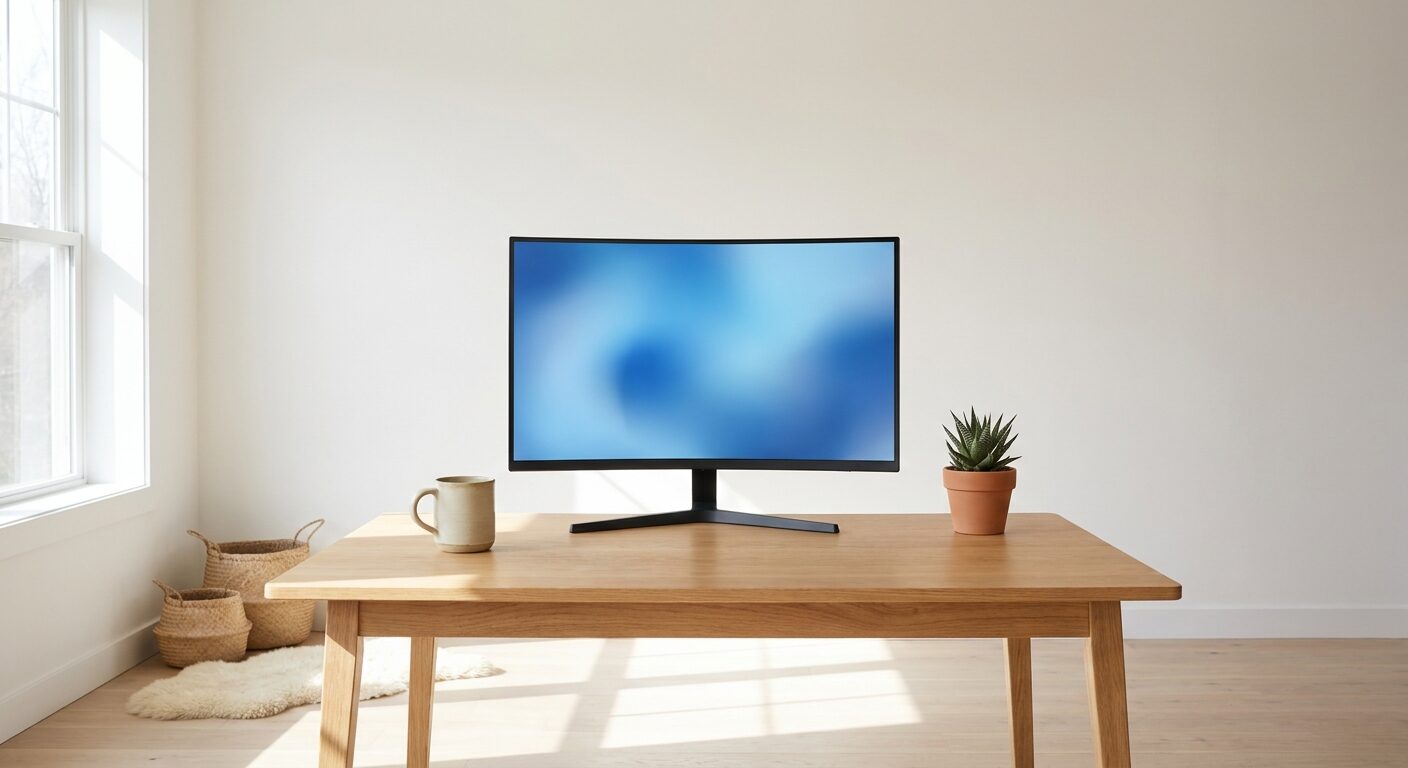 Bright minimal studio desk with monitor, cup and plant in daylight